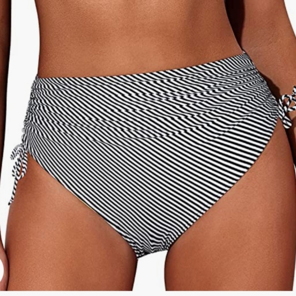 Black and white striped high waisted bathing suit bottoms